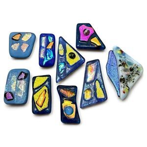 Set of 9 Blue Fused Dichroic Glass Cabochons –Iridescent Handmade Jewelry Pieces